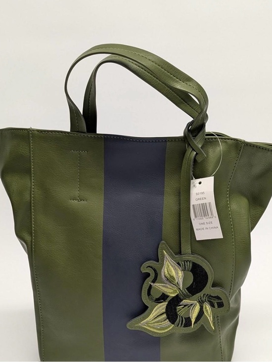 Saks Fifth Avenue Handbags - Saks Fifth Avenue Olive Green Tote with Navy Stripe & Floral Snake Bag Charm